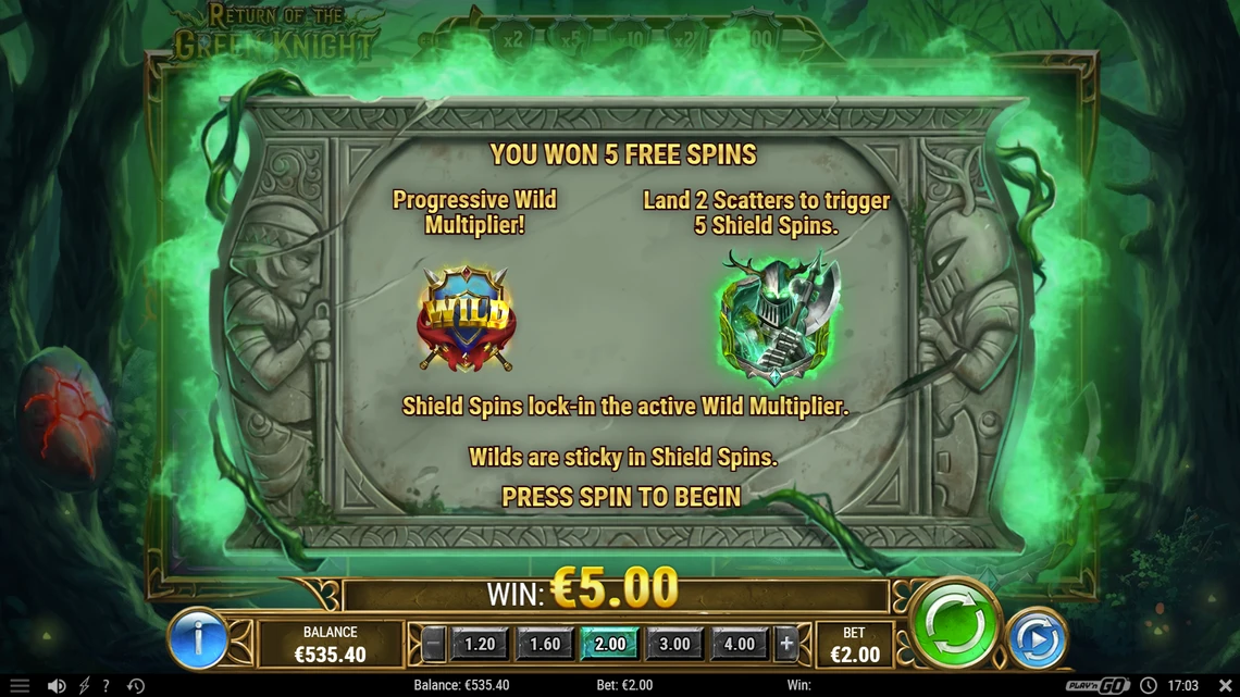return of the green knight free spins unlocked