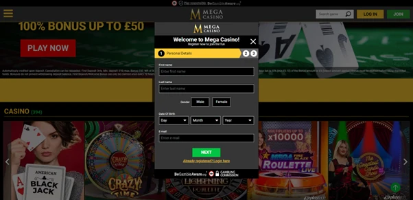 mega casino reg process name gender dob email