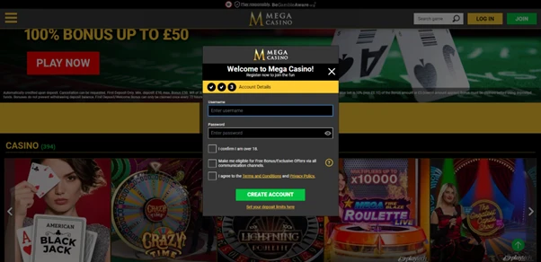 mega casino reg process username password