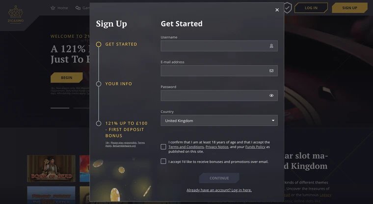 21 Casino Registration Step 1