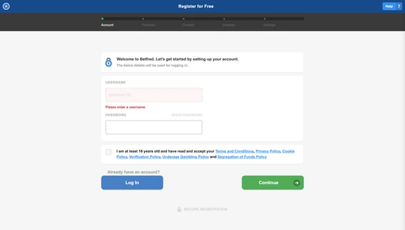 Betfred Registration Step 1