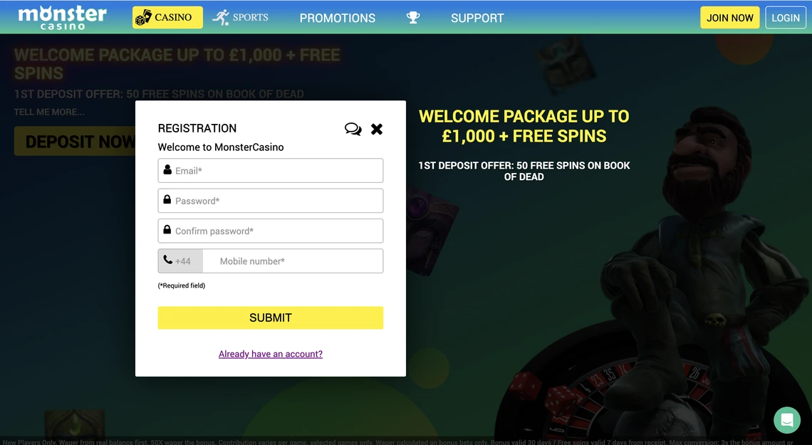 Monster Casino Registration Step 1