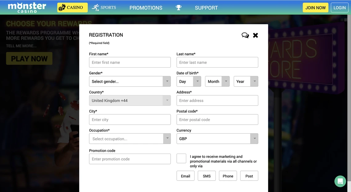 Monster Casino Registration Step 2