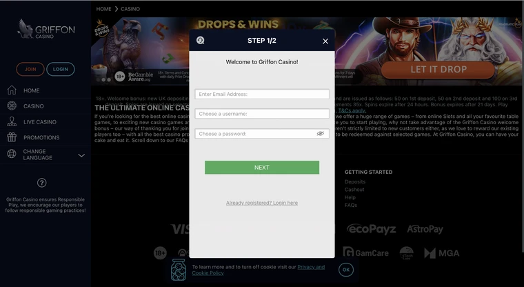 Griffon casino Registration Step 1