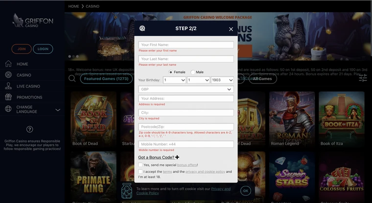 Griffon casino Registration Step 2