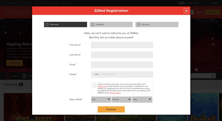 32Red Registration Step 1