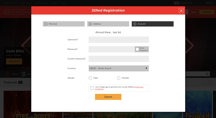 32Red Registration Step 3