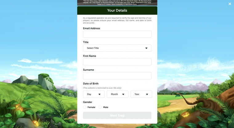 Rainbow Riches Casino Registration Step 1