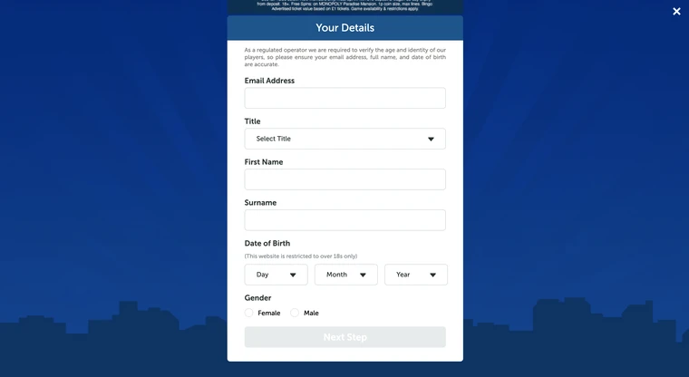 Monopoly Casino Registration Step 1