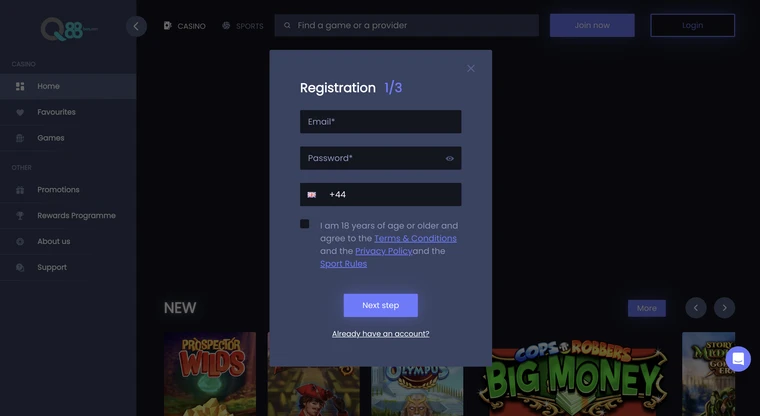 Q88Bets Registration Step 1