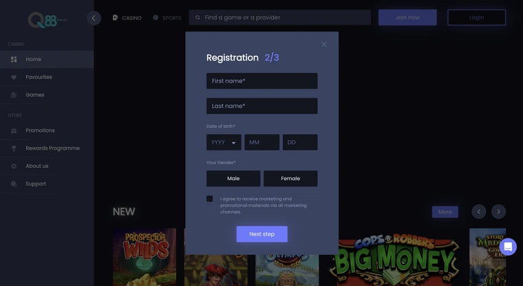 Q88Bets Registration Step 2