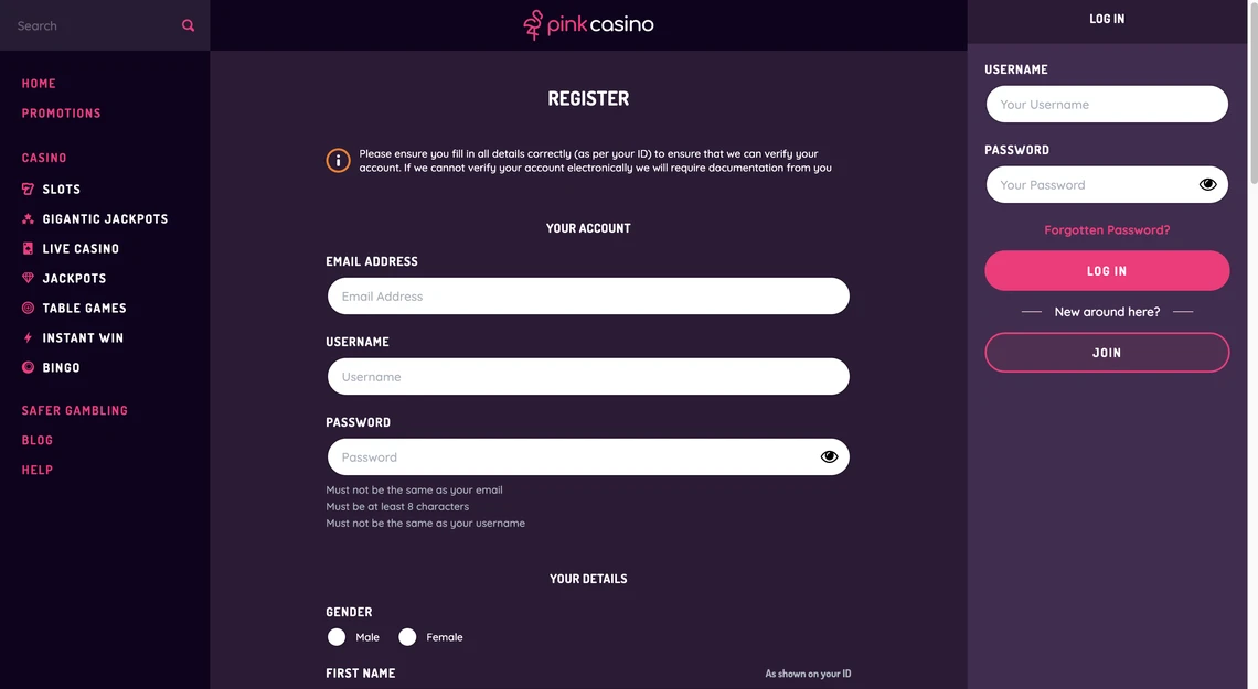 Pink Casino Registration Step 1