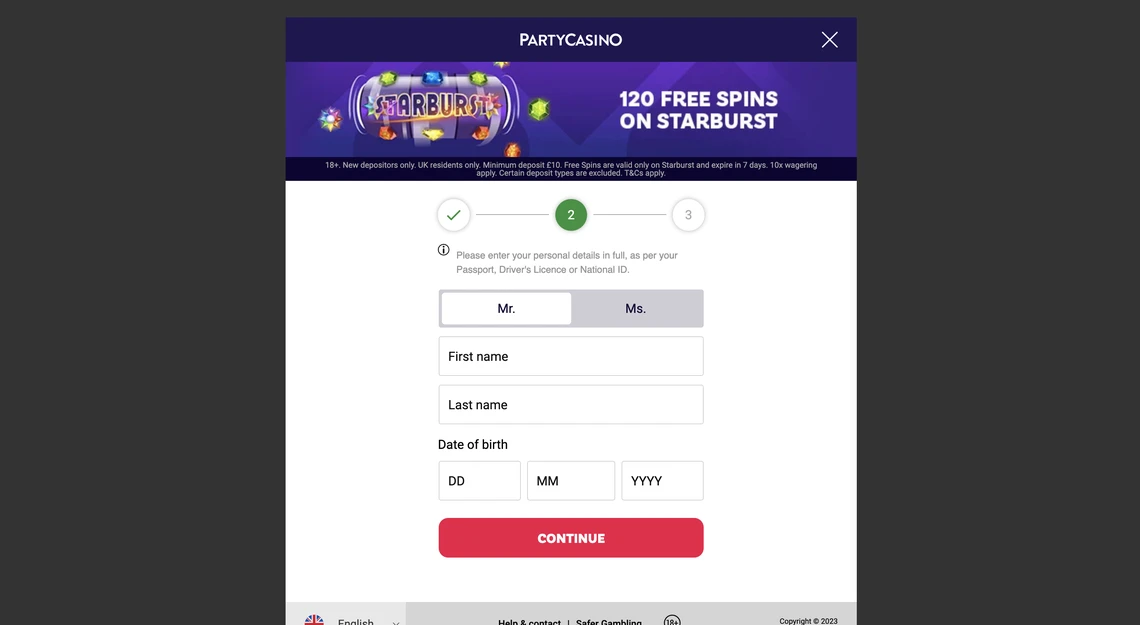 PartyCasino Registration Step 2