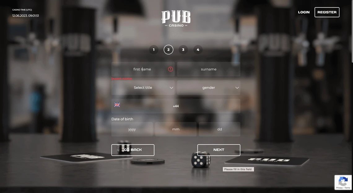 Pub Casino Registration Step 2