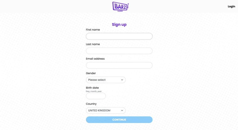 Barz Casino Registration Step 1