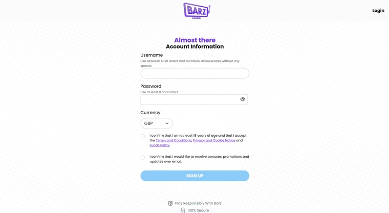 Barz Casino Registration Step 3