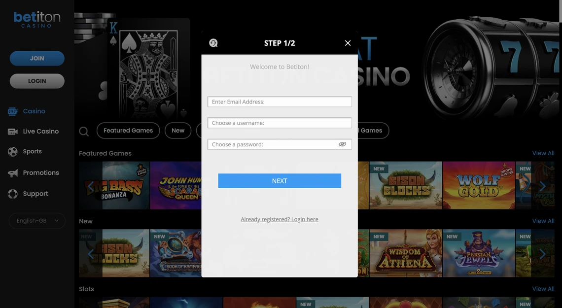 Betiton casino Registration Step 1