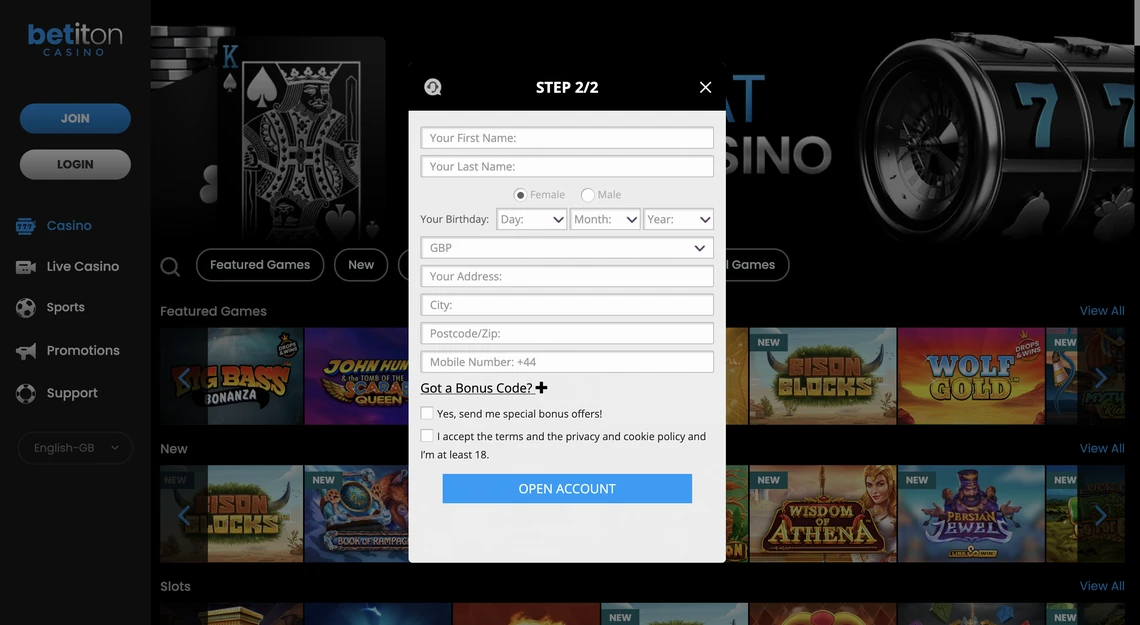 Betiton casino Registration Step 2