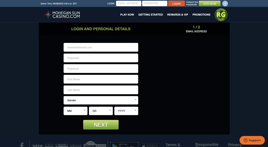 Mohegan Sun Casino Registration Step 1