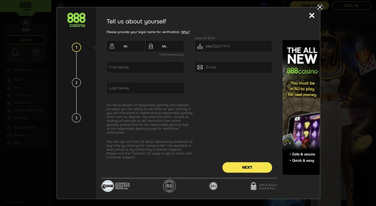 888casino US Registration Step 1