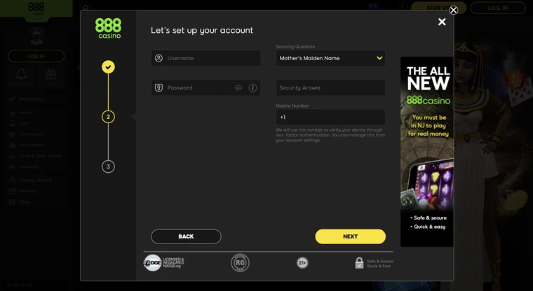 888casino US Registration Step 2