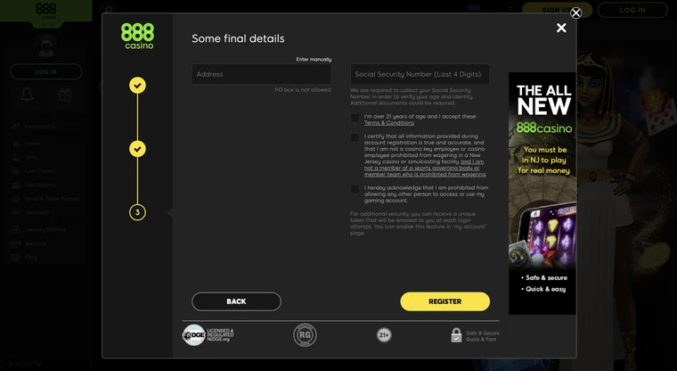 888casino US Registration Step 3