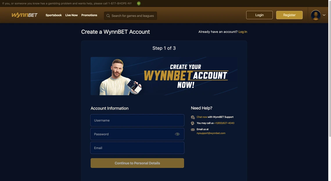 WynnBET Casino Registration Step 1
