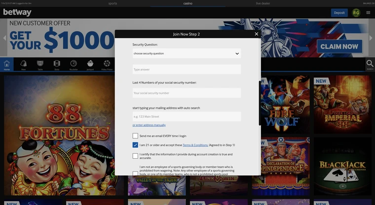 Betway Casino Registration Step 3