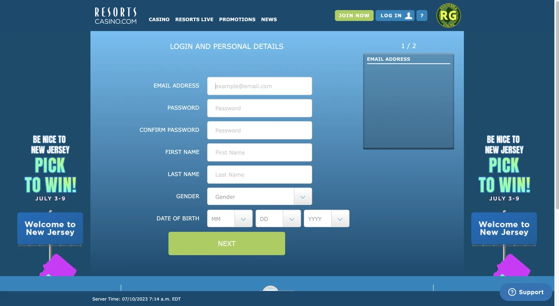 Resorts Online Casino Registration Step 1