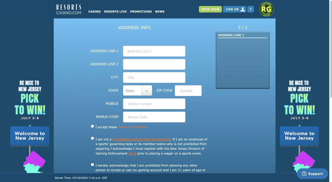 Resorts Online Casino Registration Step 2