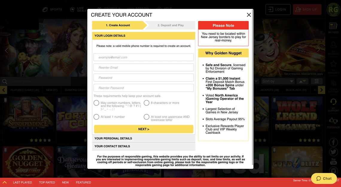 Golden Nugget Casino Registration Step 1