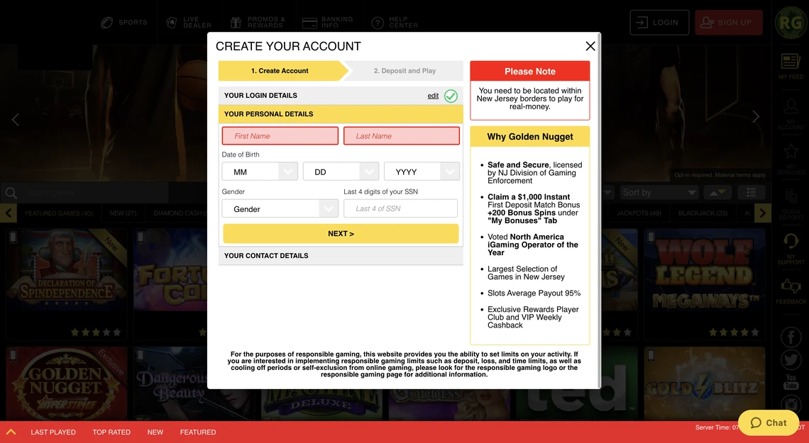 Golden Nugget Casino Registration Step 2