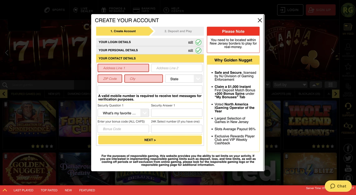 Golden Nugget Registration Step 3