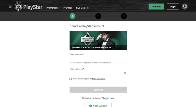 PlayStar Registration Step 1