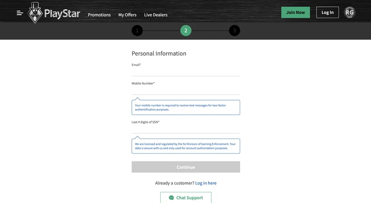 PlayStar Registration Step 2