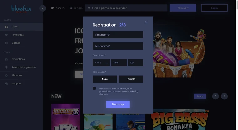 Bluefox Casino Registration Step 2