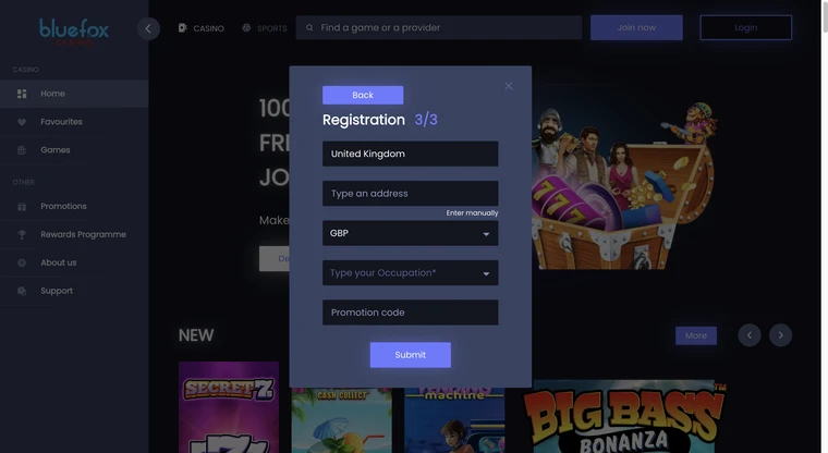 Bluefox Casino Registration Step 3