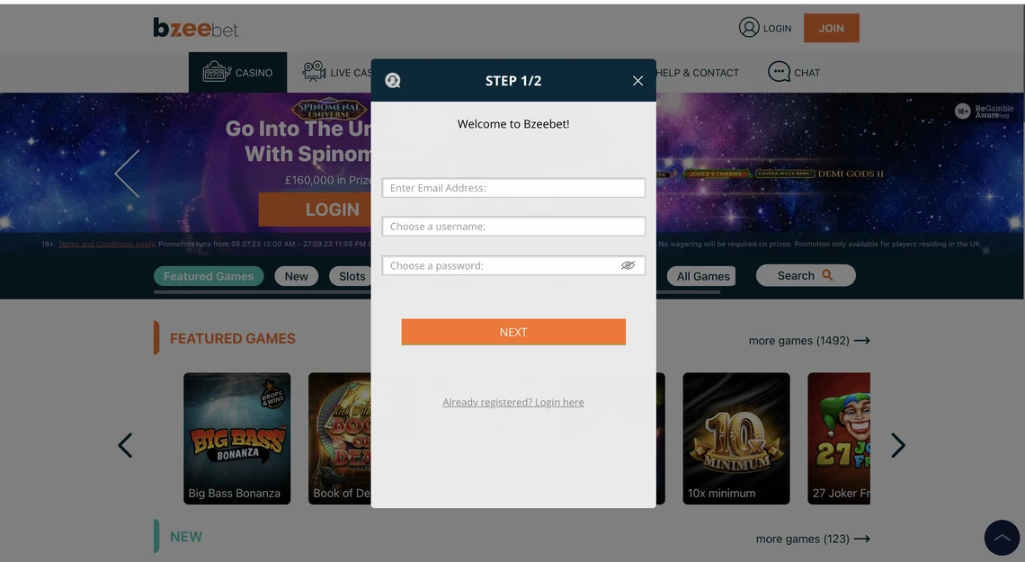 Bzeebet Casino Registration Step 1