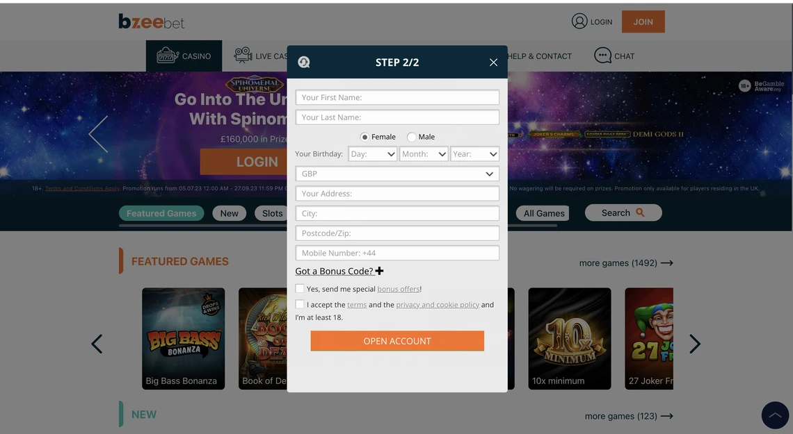 Bzeebet Casino Registration Step 2