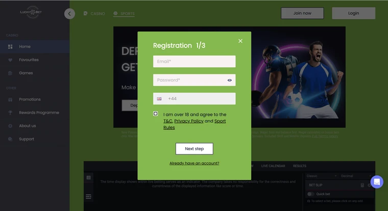 LuckyPokerBet Registration Step 1