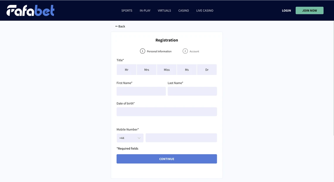 Fafabet Casino Registration Step 1