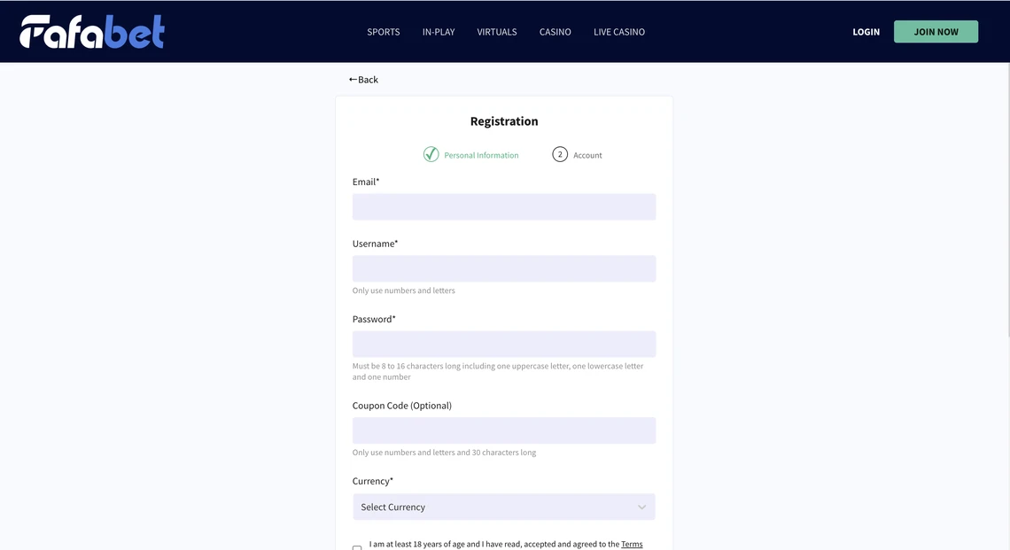Fafabet Casino Registration Step 2