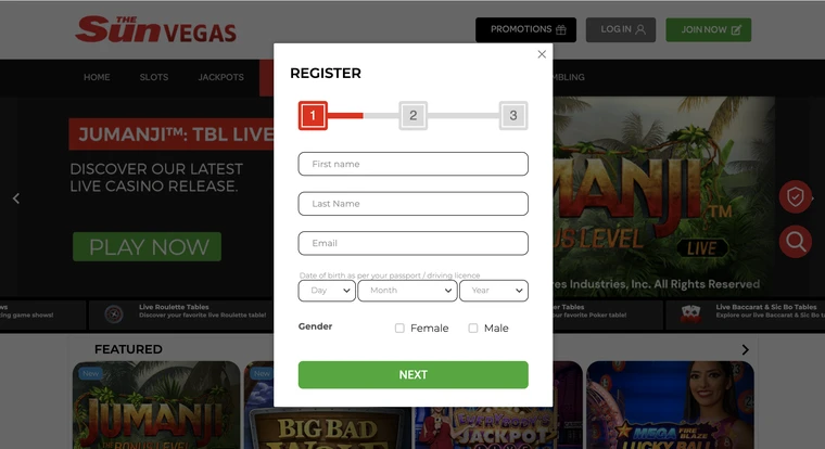 The Sun Vegas Registration Step 1