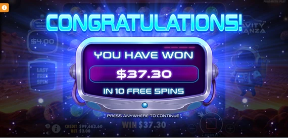 gravity bonanza free spin winnings