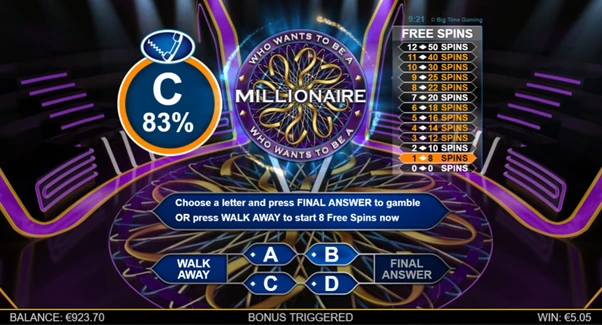 who wants to be a millionaire megaways free spins hot seat