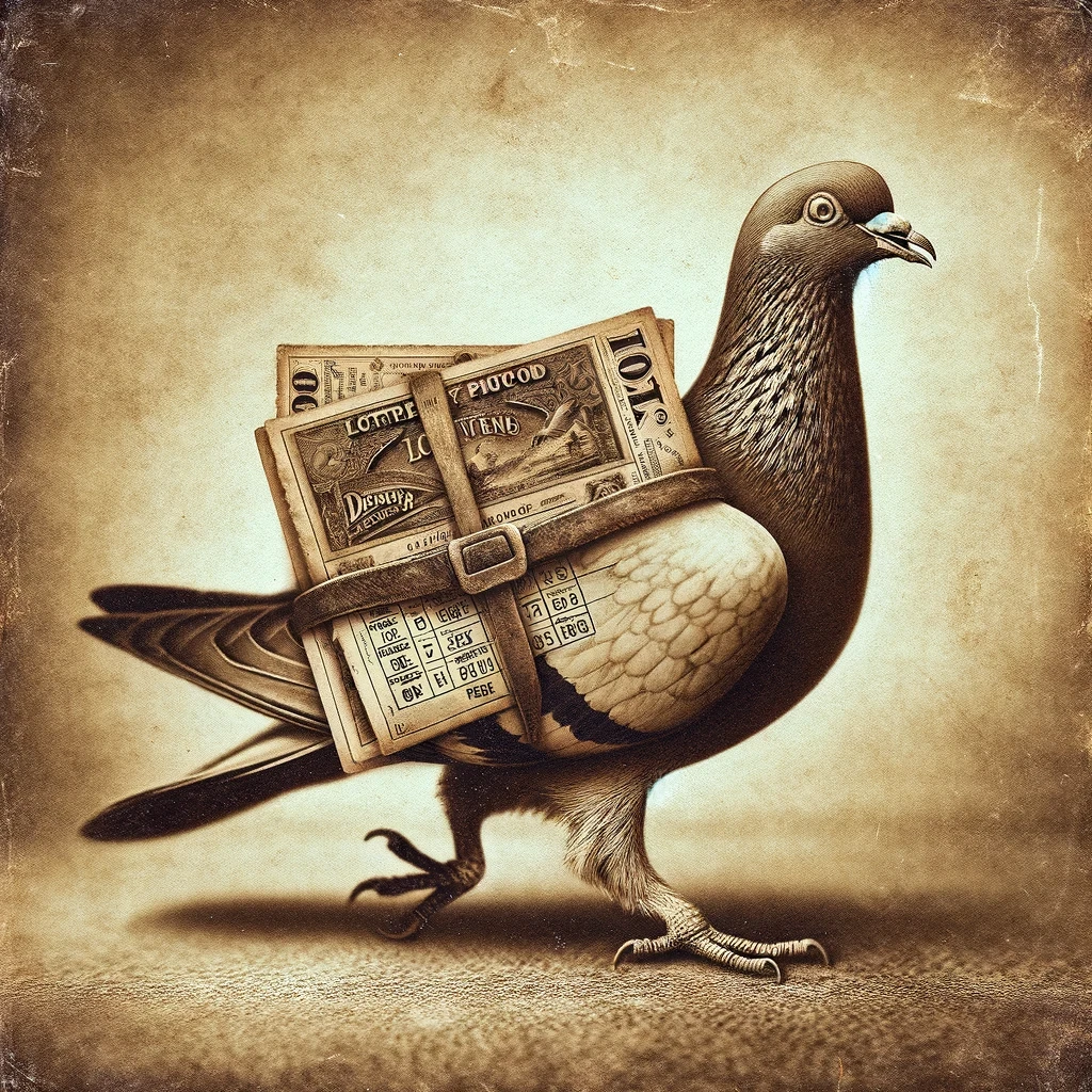 DALL·E 2024-03-05 11.38.09 - Transform the previous image into one that looks like it was taken in the 1800s, with a vintage aesthetic. The carrier pigeon carrying lottery tickets