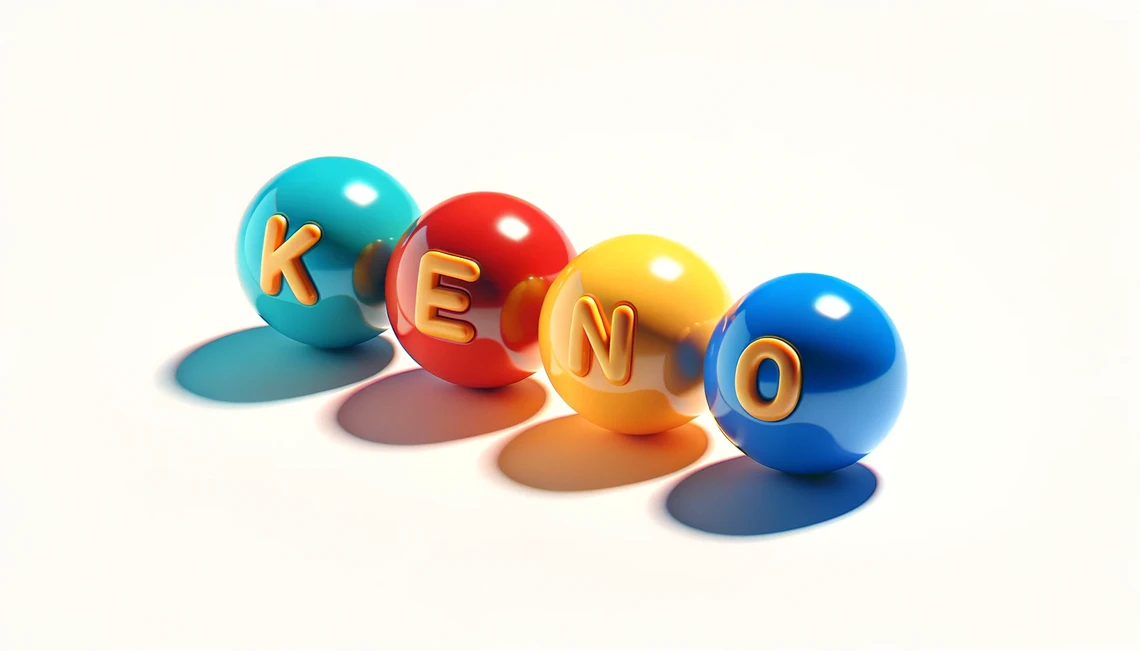 DALL·E 2024-03-05 12.11.15 - Design an image with a stylized, less realistic look, featuring four Keno balls with the letters &#x27;K&#x27;, &#x27;E&#x27;, &#x27;N&#x27;, &#x27;O&#x27; on a white background. Each ball s