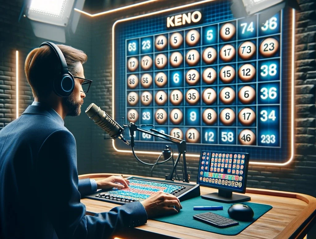 DALL·E 2024-03-05 12.44.51 - Create an image of an online live dealer in a broadcasting studio for a Keno game, ensuring the Keno board in the background has clearly visible and a
