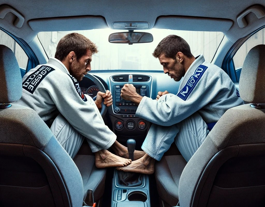 DALL·E 2024-03-11 12.16.47 - Create an image of two jiu-jitsu fighters practicing in the front seat of a normal, compact car, with both seats facing forward. The practitioners are