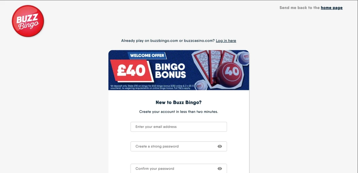 Buzz Bingo Registration Step 1